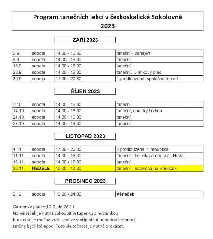 Program tanečních lekcí 2023