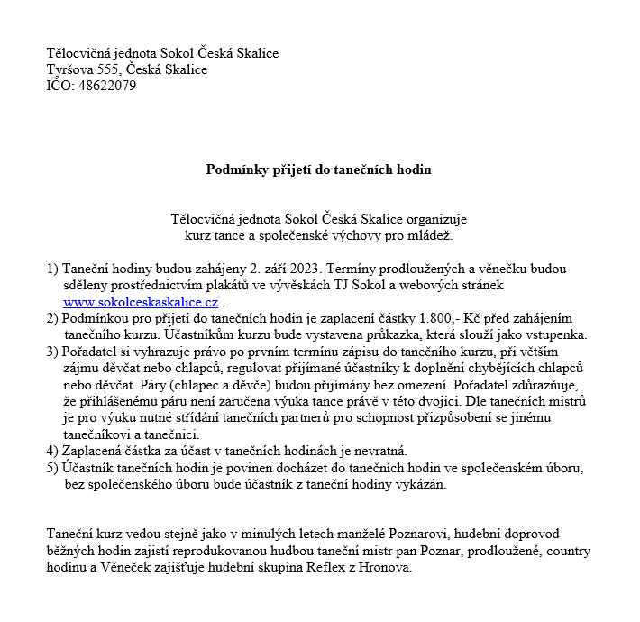 Taneční, podmínky pro účast 2023